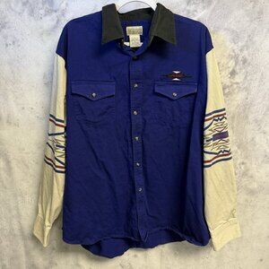 Express Rider Aztec Western Shirt Mens XL 26x29 Blue Embroidered Long Sleeve